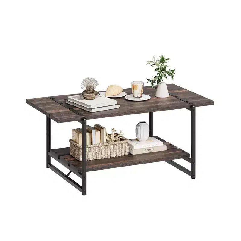 Table basse de ferme rustique 41, table de salon minimaliste moderne en bois et métal, table centrale rectangulaire à 2 niveaux avec rangement