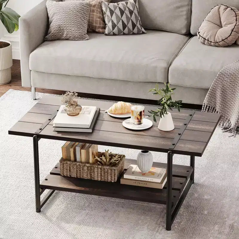 41 Rustic Farmhouse Coffee Table, Modern Minimalist Wood and Metal Living Room Table, 2 Tie Rectangle Center Table with Storage