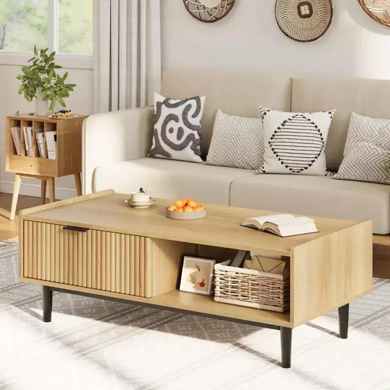 Coffee Table 42.5 Mid Century Modern Center Table with Drawer Fluted Living Room Table with Open Shelf Rectangle Coffee Table Easy Assembly