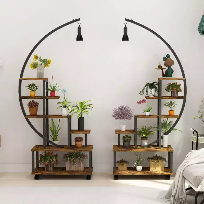 6-Tier Half-Moon Indoor Plant Shelf with Grow Lights & Wheels, Tall Metal Plant Stand for Bonsai, Flowers & Decor, Balcony & Living Room Organizer