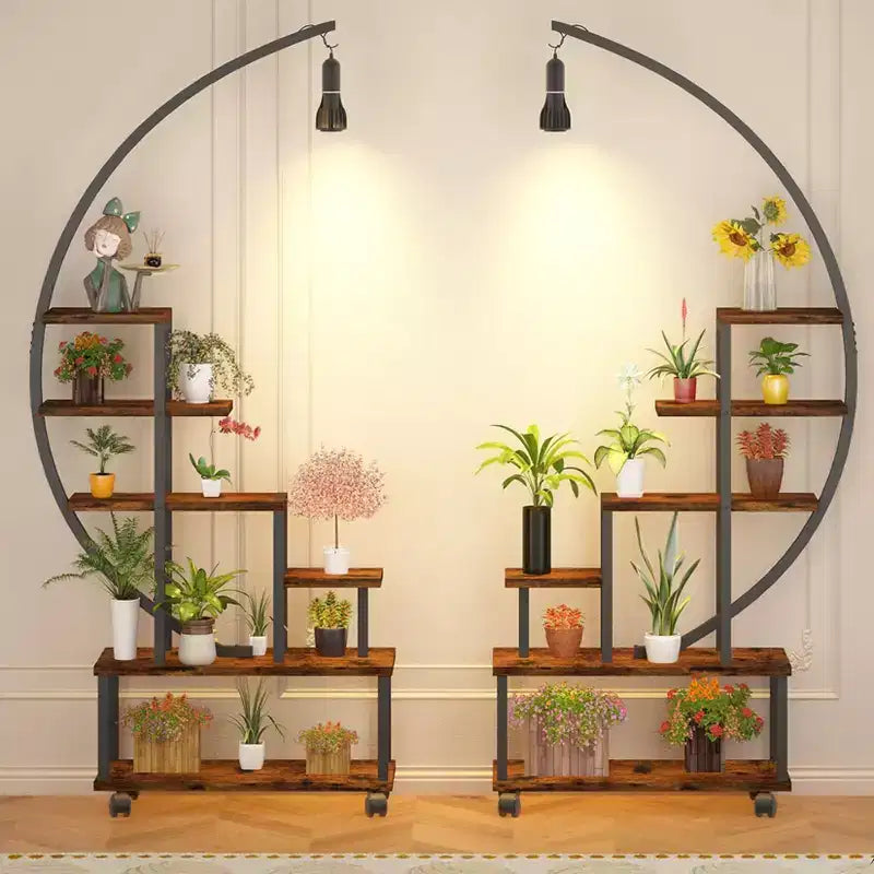 Étagère à plantes d'intérieur à 6 niveaux en demi-lune avec lampes de croissance et roulettes, support à plantes haut en métal pour bonsaï, fleurs et décoration, organisateur pour balcon et salon