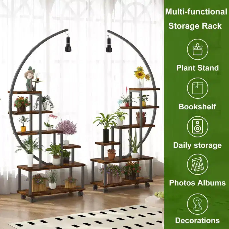 Étagère à plantes d'intérieur à 6 niveaux en demi-lune avec lampes de croissance et roulettes, support à plantes haut en métal pour bonsaï, fleurs et décoration, organisateur pour balcon et salon