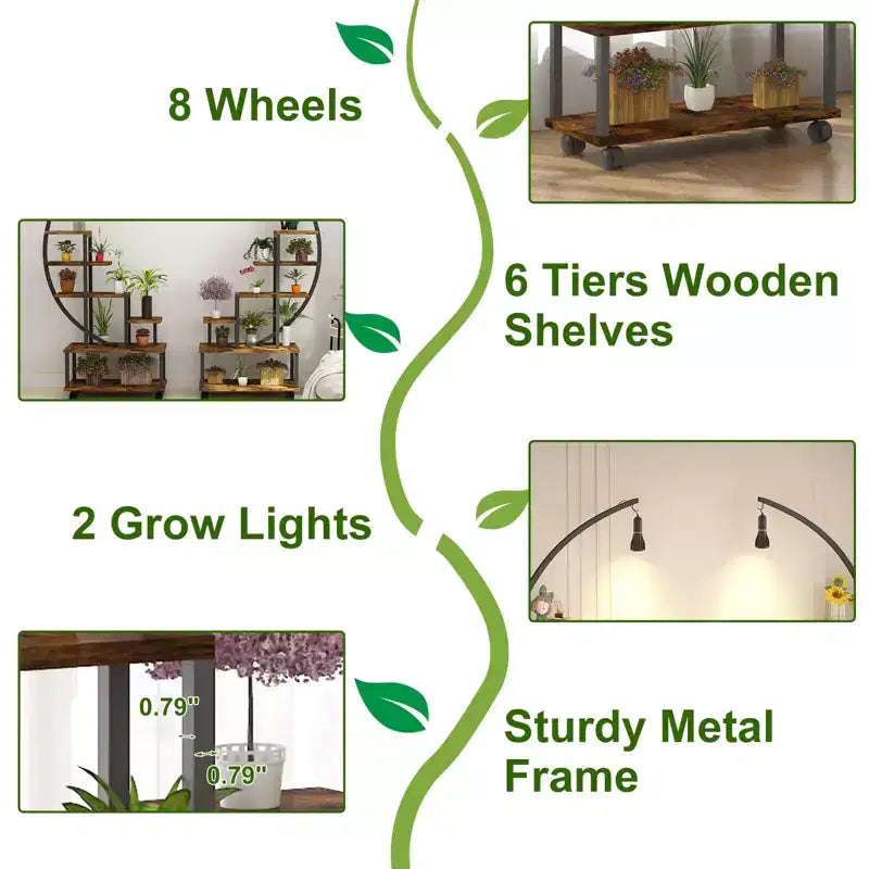 Étagère à plantes d'intérieur à 6 niveaux en demi-lune avec lampes de croissance et roulettes, support à plantes haut en métal pour bonsaï, fleurs et décoration, organisateur pour balcon et salon