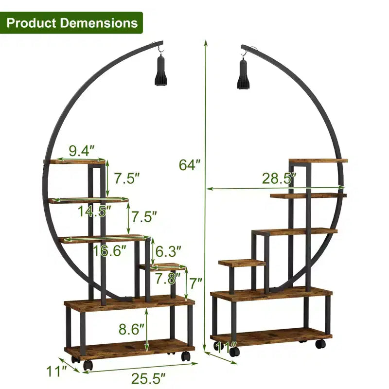 Étagère à plantes d'intérieur à 6 niveaux en demi-lune avec lampes de croissance et roulettes, support à plantes haut en métal pour bonsaï, fleurs et décoration, organisateur pour balcon et salon