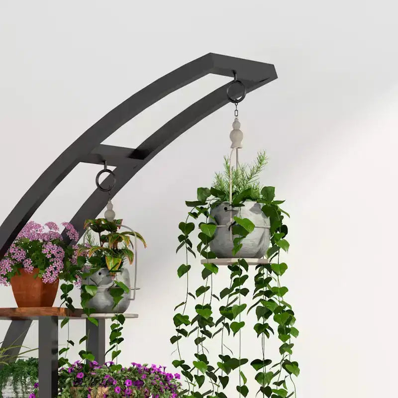 Support de plantes d'intérieur à 5 niveaux en forme de demi-lune avec crochets de suspension, étagère d'exposition incurvée pour pots de fleurs pour la maison, le patio, le jardin et le balcon