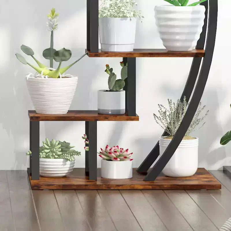 Support de plantes d'intérieur à 5 niveaux en forme de demi-lune avec crochets de suspension, étagère d'exposition incurvée pour pots de fleurs pour la maison, le patio, le jardin et le balcon
