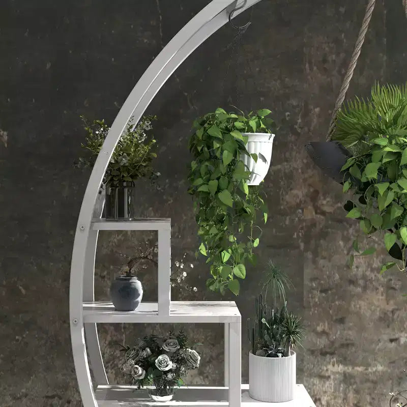 Support de plantes d'intérieur à 5 niveaux en forme de demi-lune avec crochets de suspension, étagère d'exposition incurvée pour pots de fleurs pour la maison, le patio, le jardin et le balcon