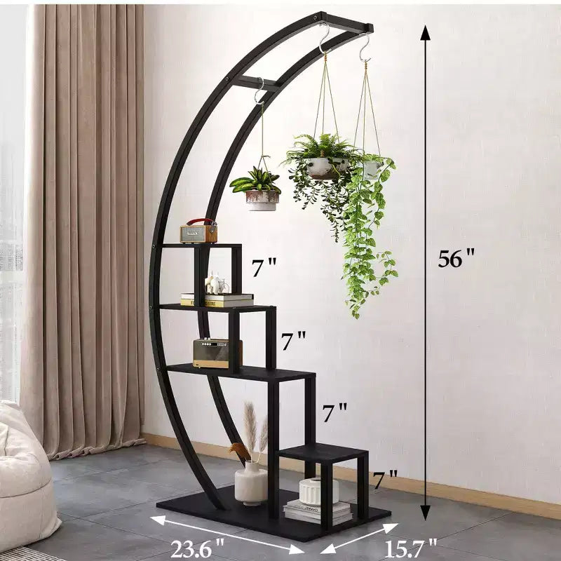 Support de plantes d'intérieur à 5 niveaux en forme de demi-lune avec crochets de suspension, étagère d'exposition incurvée pour pots de fleurs pour la maison, le patio, le jardin et le balcon