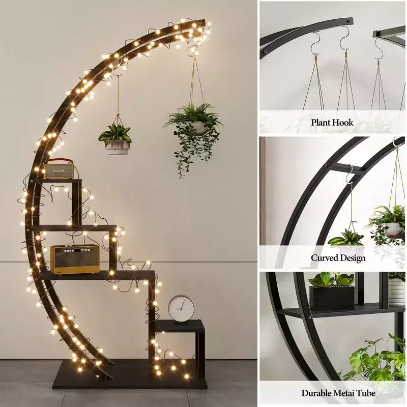 Support de plantes d'intérieur à 5 niveaux en forme de demi-lune avec crochets de suspension, étagère d'exposition incurvée pour pots de fleurs pour la maison, le patio, le jardin et le balcon