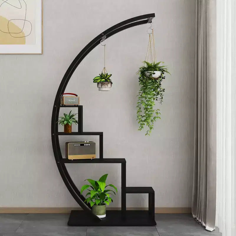 Support de plantes d'intérieur à 5 niveaux en forme de demi-lune avec crochets de suspension, étagère d'exposition incurvée pour pots de fleurs pour la maison, le patio, le jardin et le balcon