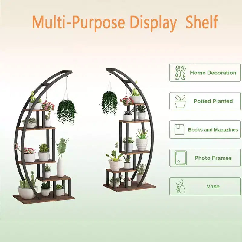 Support de plantes d'intérieur à 5 niveaux en forme de demi-lune avec crochets de suspension, étagère d'exposition incurvée pour pots de fleurs pour la maison, le patio, le jardin et le balcon