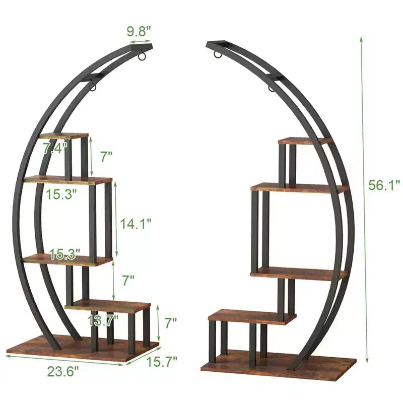 Support de plantes d'intérieur à 5 niveaux en forme de demi-lune avec crochets de suspension, étagère d'exposition incurvée pour pots de fleurs pour la maison, le patio, le jardin et le balcon