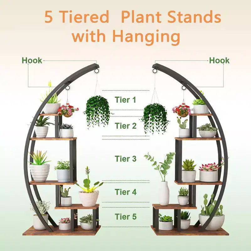 Support de plantes d'intérieur à 5 niveaux en forme de demi-lune avec crochets de suspension, étagère d'exposition incurvée pour pots de fleurs pour la maison, le patio, le jardin et le balcon