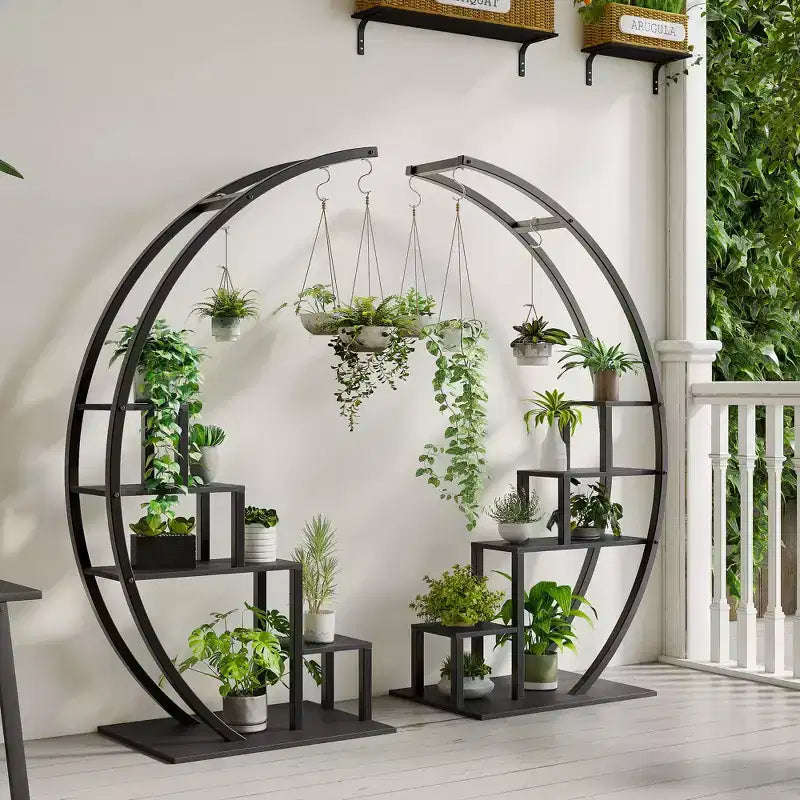 5-Tier Large Half Moon Indoor Plant Stand with Hanging Hooks, Curved Ladder Flower Pot Display Rack for Home, Patio, Garden & Balcony
