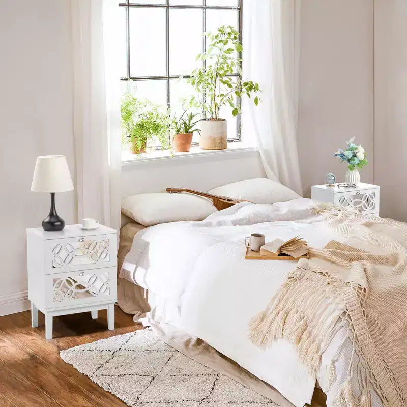 Tables de nuit Karl Home 2 tiroirs en MDF blanc de 45 cm de large - Lot de 2