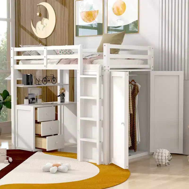 Lit mezzanine CLIHOME une place avec 3 tiroirs de rangement, bureau et armoire
