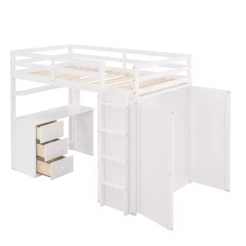 Lit mezzanine CLIHOME une place avec 3 tiroirs de rangement, bureau et armoire