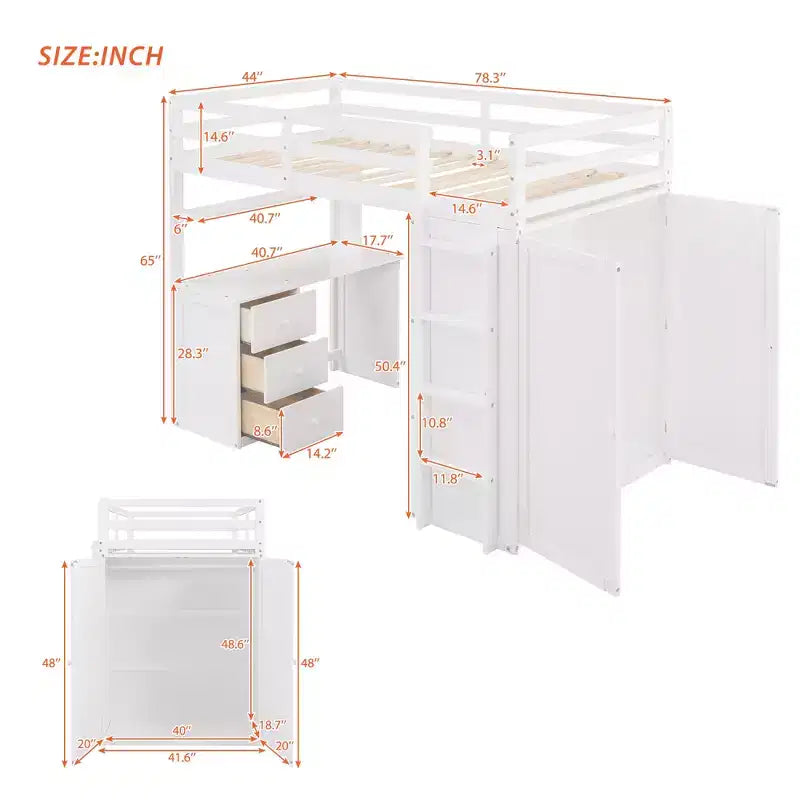 Lit mezzanine CLIHOME une place avec 3 tiroirs de rangement, bureau et armoire