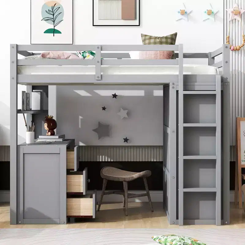 Lit mezzanine CLIHOME une place avec 3 tiroirs de rangement, bureau et armoire