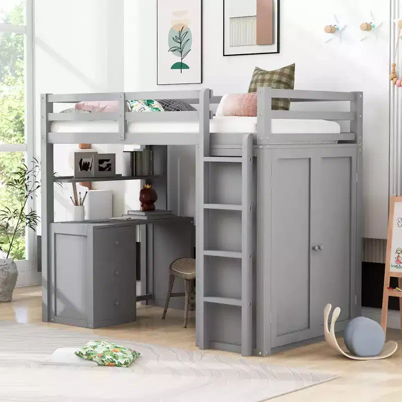 Lit mezzanine CLIHOME une place avec 3 tiroirs de rangement, bureau et armoire