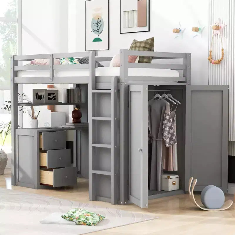 Lit mezzanine CLIHOME une place avec 3 tiroirs de rangement, bureau et armoire
