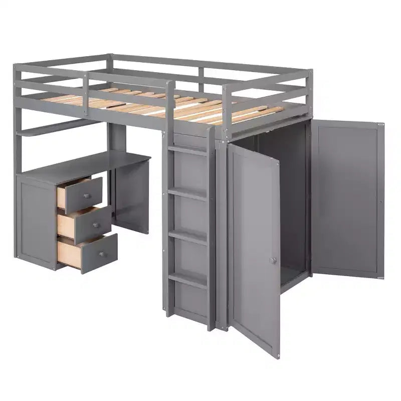 Lit mezzanine CLIHOME une place avec 3 tiroirs de rangement, bureau et armoire