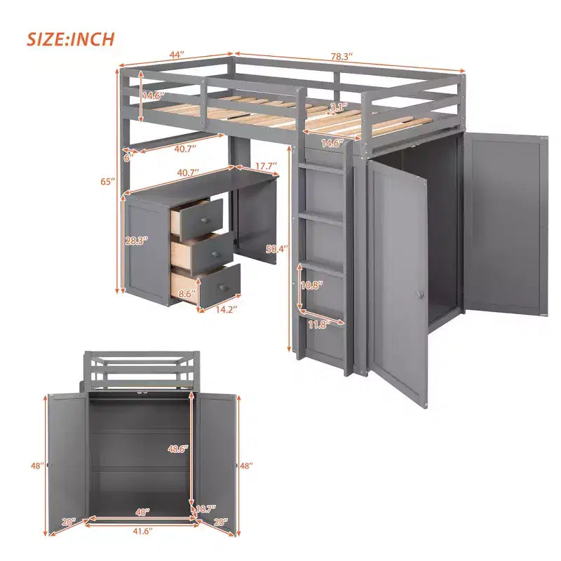 Lit mezzanine CLIHOME une place avec 3 tiroirs de rangement, bureau et armoire