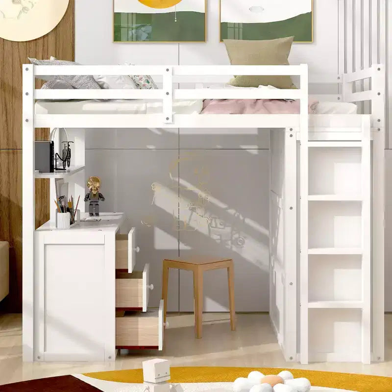 Lit mezzanine CLIHOME une place avec 3 tiroirs de rangement, bureau et armoire