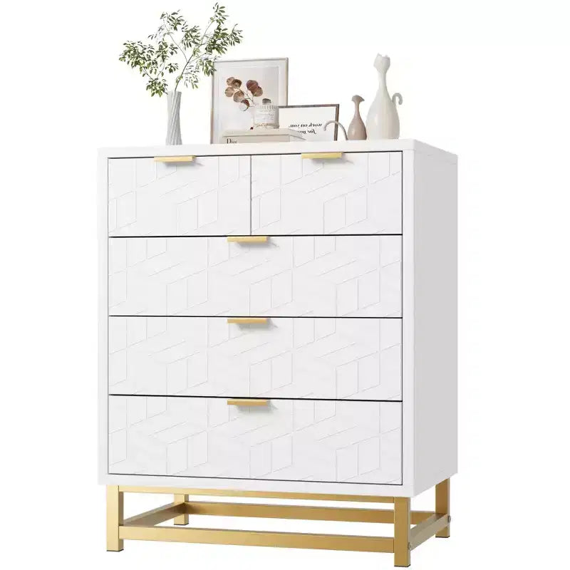 White 5 Drawer Dresser with Wide Storage, Modern Chest Organizer with Metal Legs, Chest of Drawers