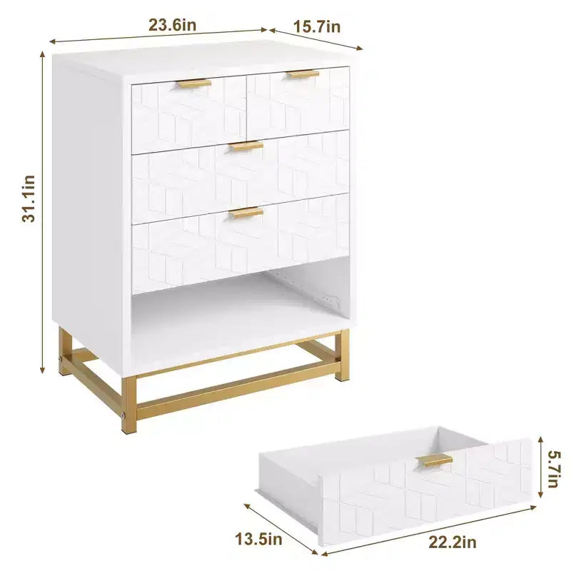 Commode blanche à 5 tiroirs avec grand rangement, organiseur de poitrine moderne avec pieds en métal, commode de chambre