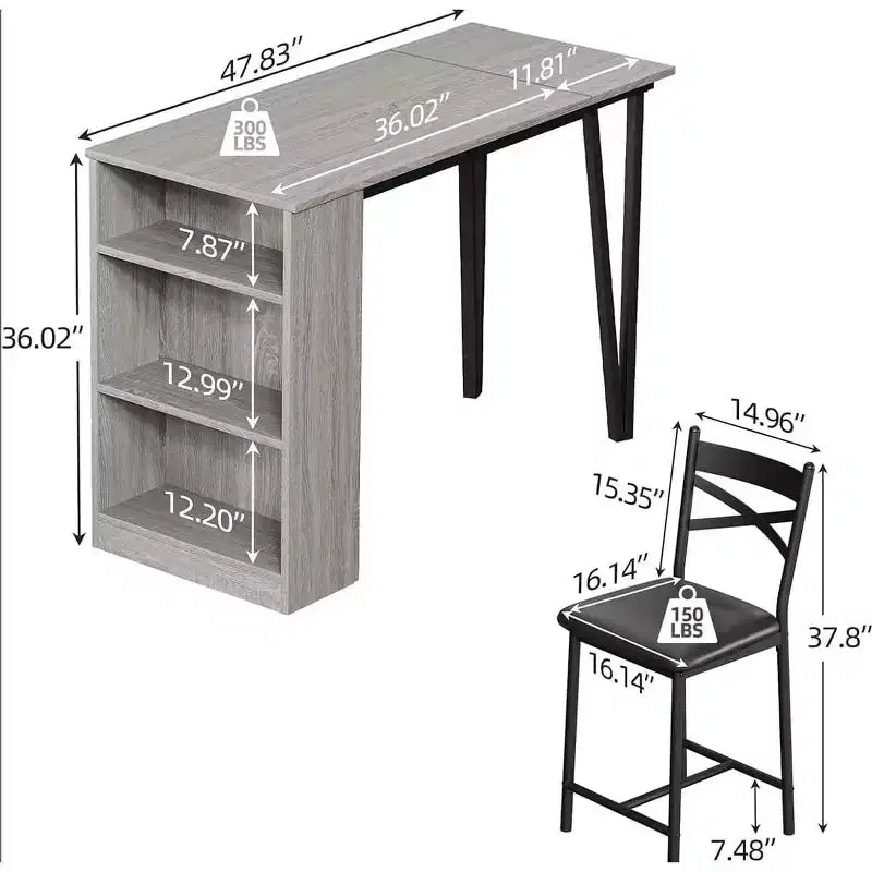 Ensemble de table de bar 3 pièces pour 2 personnes, ensemble table et chaises de bar avec rallonge à plateau rabattable, ensemble table à manger avec étagères de rangement