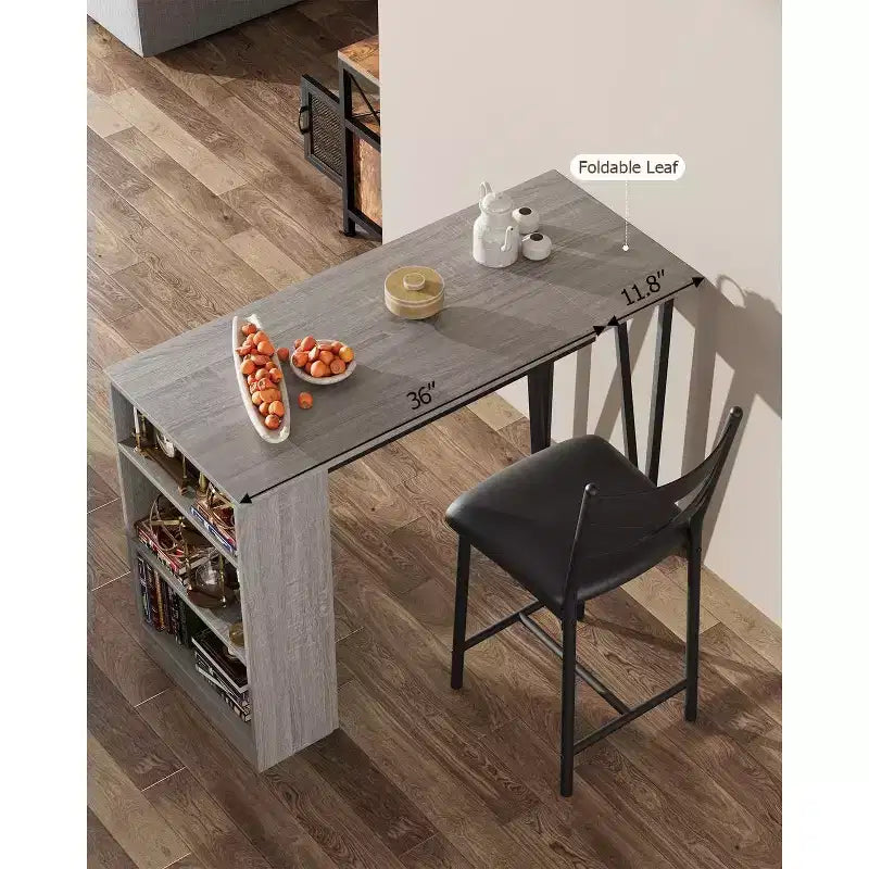Ensemble de table de bar 3 pièces pour 2 personnes, ensemble table et chaises de bar avec rallonge à plateau rabattable, ensemble table à manger avec étagères de rangement