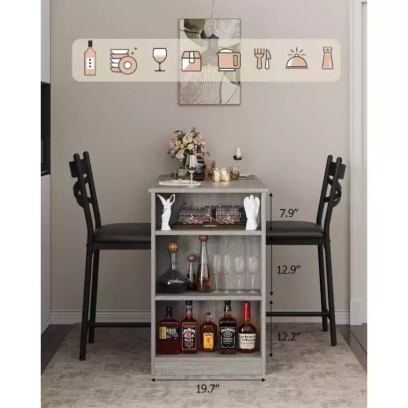 Ensemble de table de bar 3 pièces pour 2 personnes, ensemble table et chaises de bar avec rallonge à plateau rabattable, ensemble table à manger avec étagères de rangement