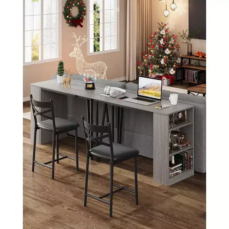 Ensemble de table de bar 3 pièces pour 2 personnes, ensemble table et chaises de bar avec rallonge à plateau rabattable, ensemble table à manger avec étagères de rangement