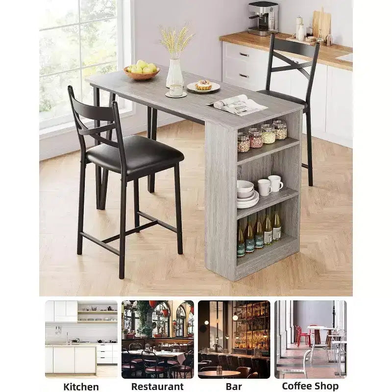 Ensemble de table de bar 3 pièces pour 2 personnes, ensemble table et chaises de bar avec rallonge à plateau rabattable, ensemble table à manger avec étagères de rangement