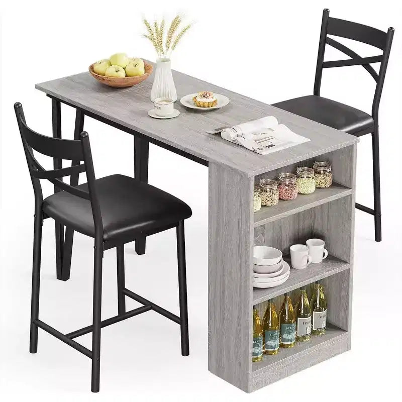 Ensemble de table de bar 3 pièces pour 2 personnes, ensemble table et chaises de bar avec rallonge à plateau rabattable, ensemble table à manger avec étagères de rangement