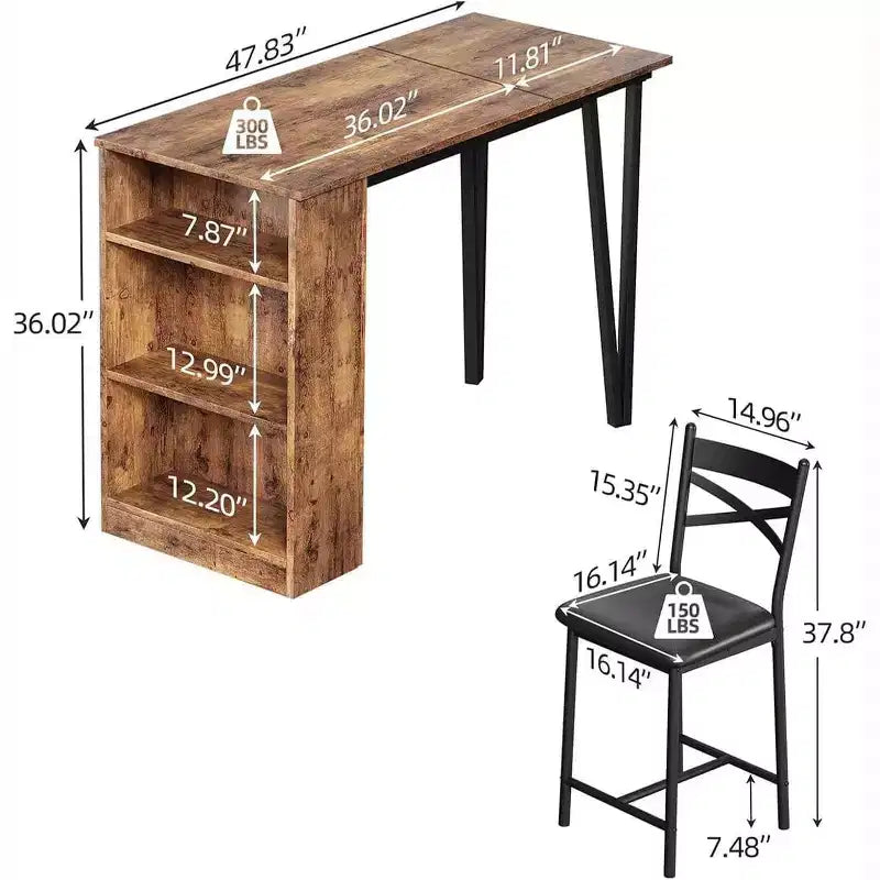 Ensemble de table de bar 3 pièces pour 2 personnes, ensemble table et chaises de bar avec rallonge à plateau rabattable, ensemble table à manger avec étagères de rangement