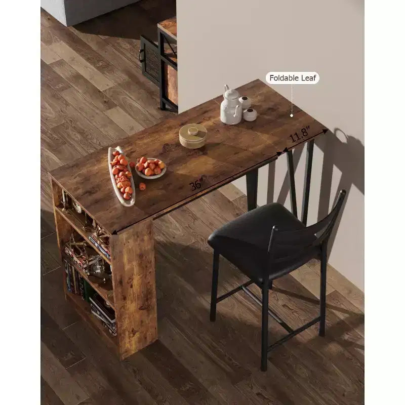 Ensemble de table de bar 3 pièces pour 2 personnes, ensemble table et chaises de bar avec rallonge à plateau rabattable, ensemble table à manger avec étagères de rangement