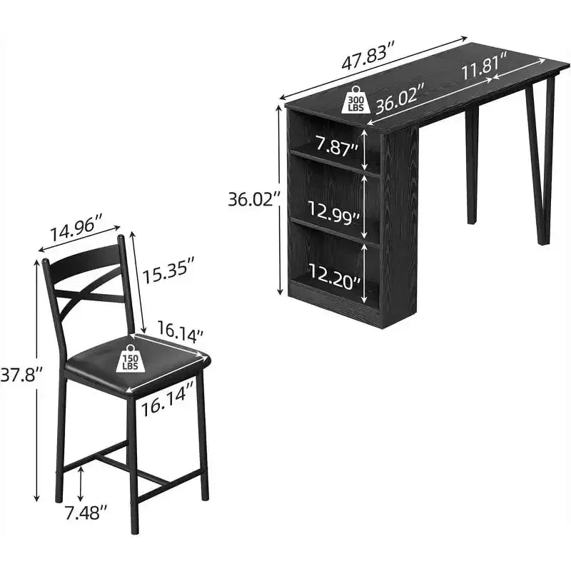 Ensemble de table de bar 3 pièces pour 2 personnes, ensemble table et chaises de bar avec rallonge à plateau rabattable, ensemble table à manger avec étagères de rangement