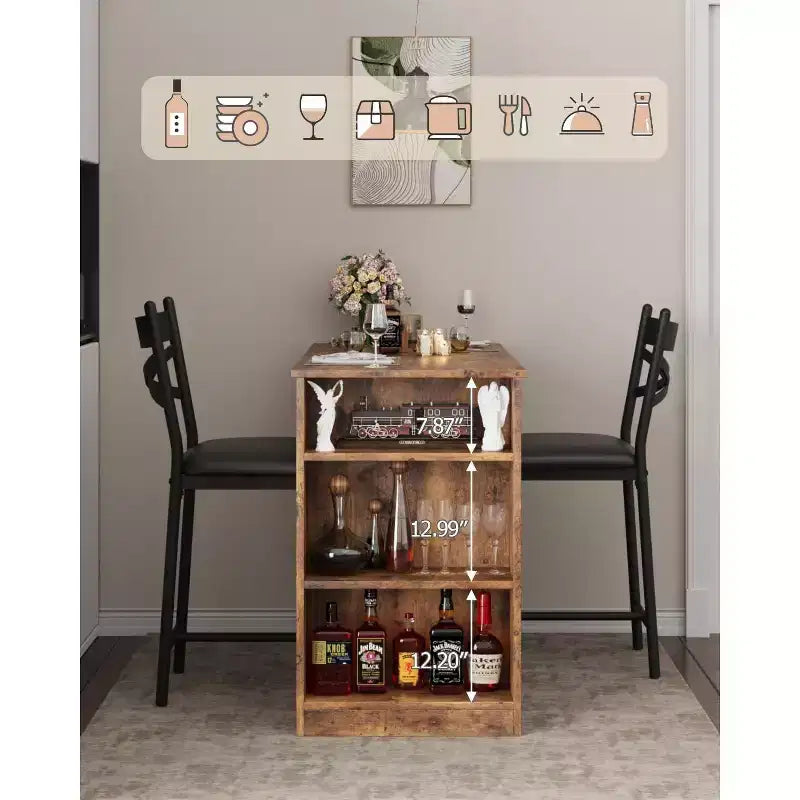 Ensemble de table de bar 3 pièces pour 2 personnes, ensemble table et chaises de bar avec rallonge à plateau rabattable, ensemble table à manger avec étagères de rangement