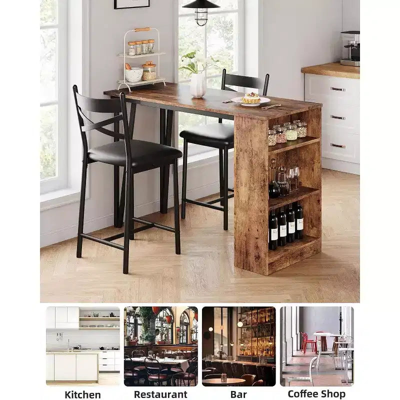 Ensemble de table de bar 3 pièces pour 2 personnes, ensemble table et chaises de bar avec rallonge à plateau rabattable, ensemble table à manger avec étagères de rangement