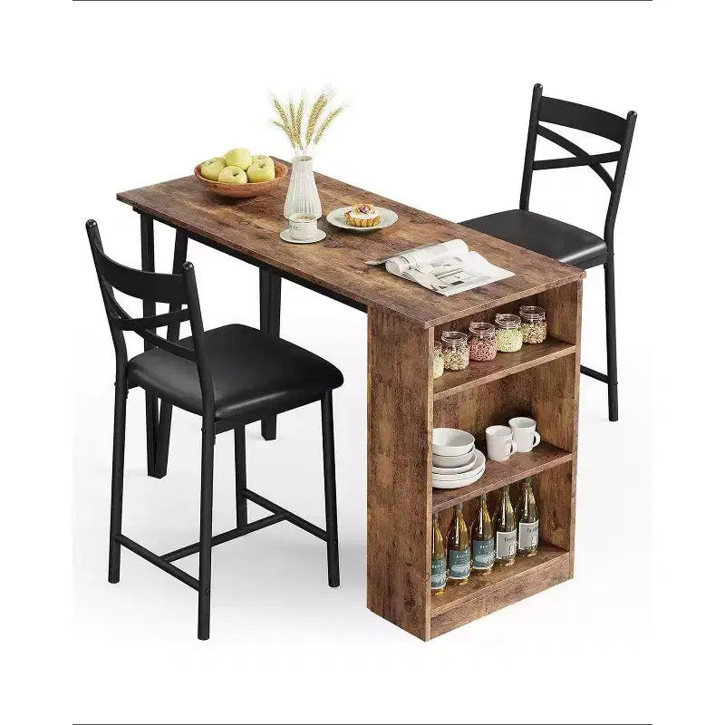 Ensemble de table de bar 3 pièces pour 2 personnes, ensemble table et chaises de bar avec rallonge à plateau rabattable, ensemble table à manger avec étagères de rangement