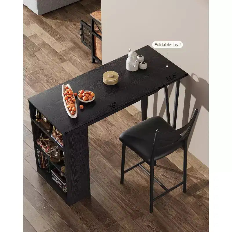 Ensemble de table de bar 3 pièces pour 2 personnes, ensemble table et chaises de bar avec rallonge à plateau rabattable, ensemble table à manger avec étagères de rangement