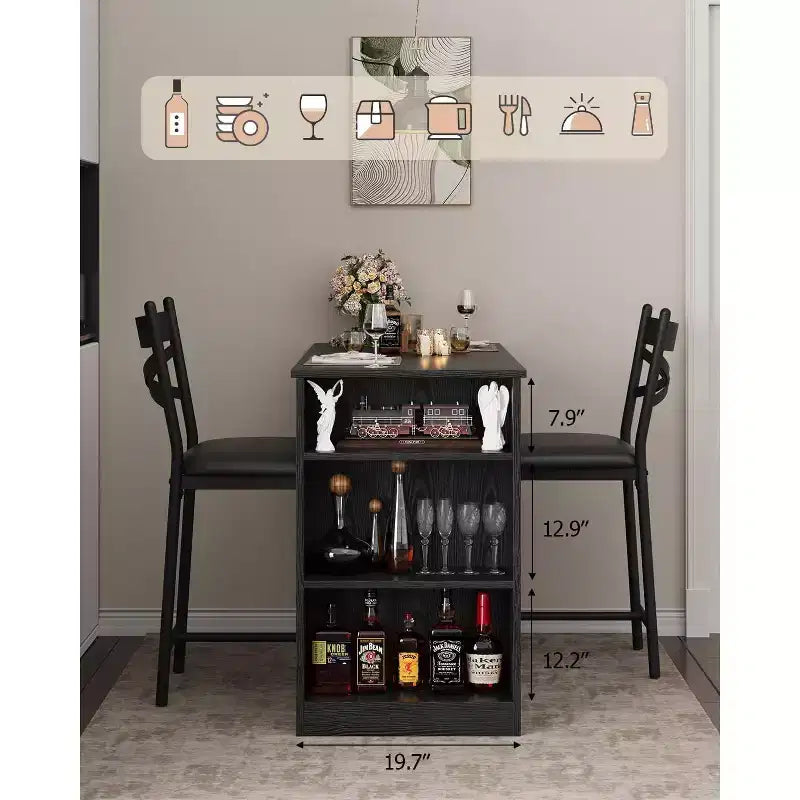 Ensemble de table de bar 3 pièces pour 2 personnes, ensemble table et chaises de bar avec rallonge à plateau rabattable, ensemble table à manger avec étagères de rangement