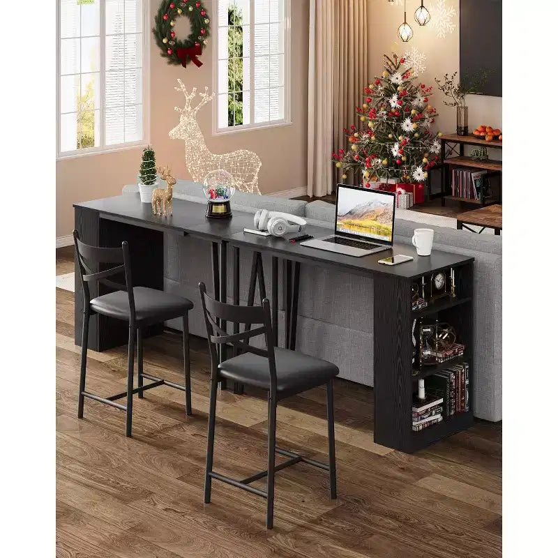 Ensemble de table de bar 3 pièces pour 2 personnes, ensemble table et chaises de bar avec rallonge à plateau rabattable, ensemble table à manger avec étagères de rangement