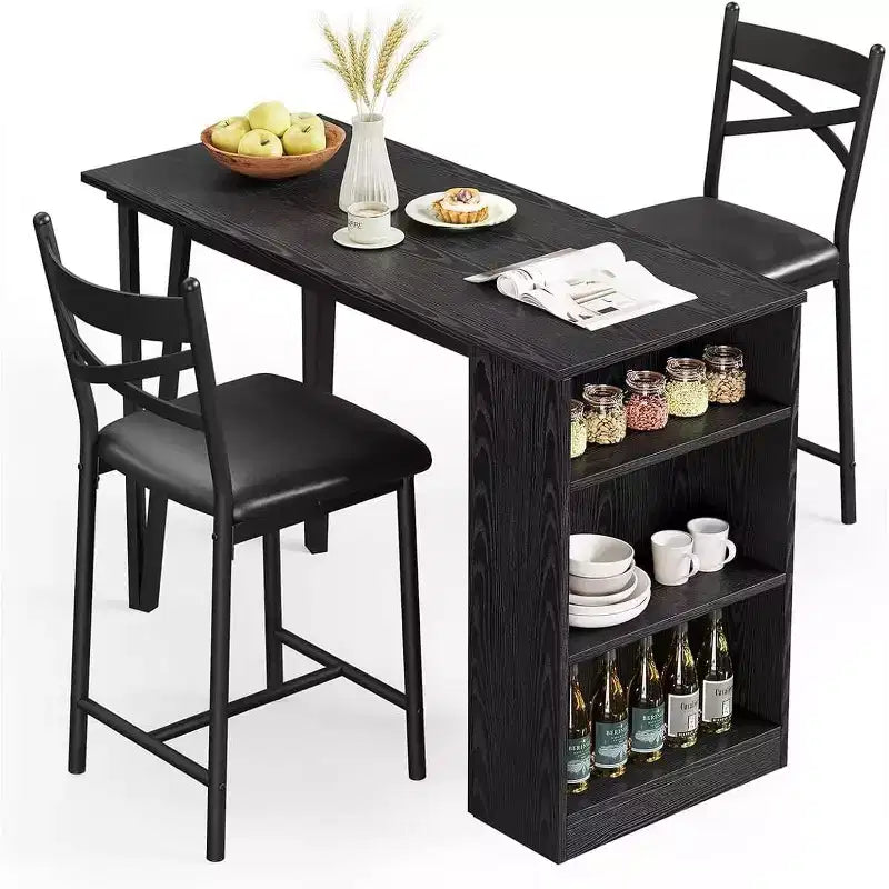 Ensemble de table de bar 3 pièces pour 2 personnes, ensemble table et chaises de bar avec rallonge à plateau rabattable, ensemble table à manger avec étagères de rangement
