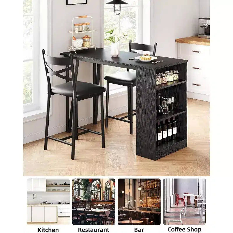 Ensemble de table de bar 3 pièces pour 2 personnes, ensemble table et chaises de bar avec rallonge à plateau rabattable, ensemble table à manger avec étagères de rangement