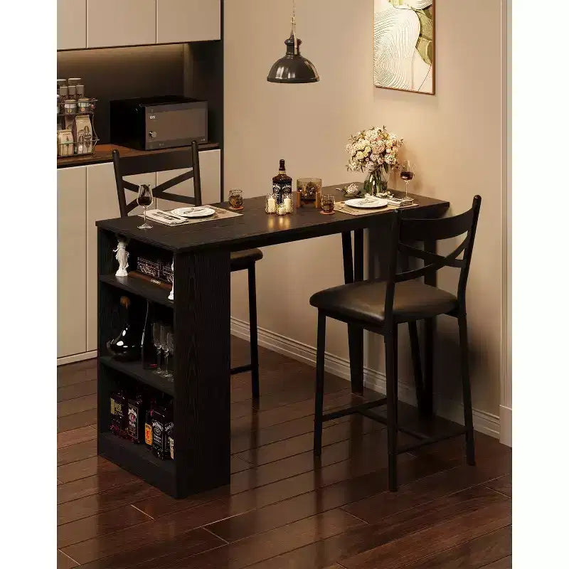 3 Piece Bar Table Set for 2, Bar Table and Chairs Set with with Flip Top Extension, Dining Table Set with Storage Shelves