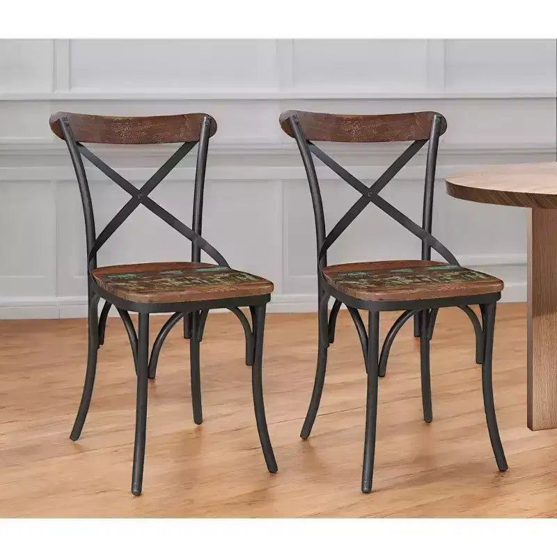 HomeRoots Lot de deux chaises de salle à manger à dossier croisé en métal marron et noir et bois