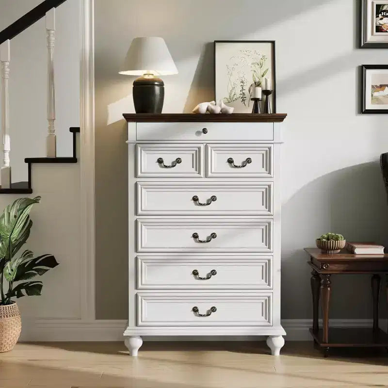 Commode GustoWave, commode de ferme en bois à 7 tiroirs pour chambre à coucher, salon, couloir